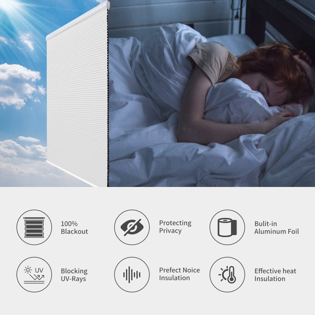 Joydeco cordless blackout cellular shades block light for sleep. Features privacy, UV, and insulation benefits.