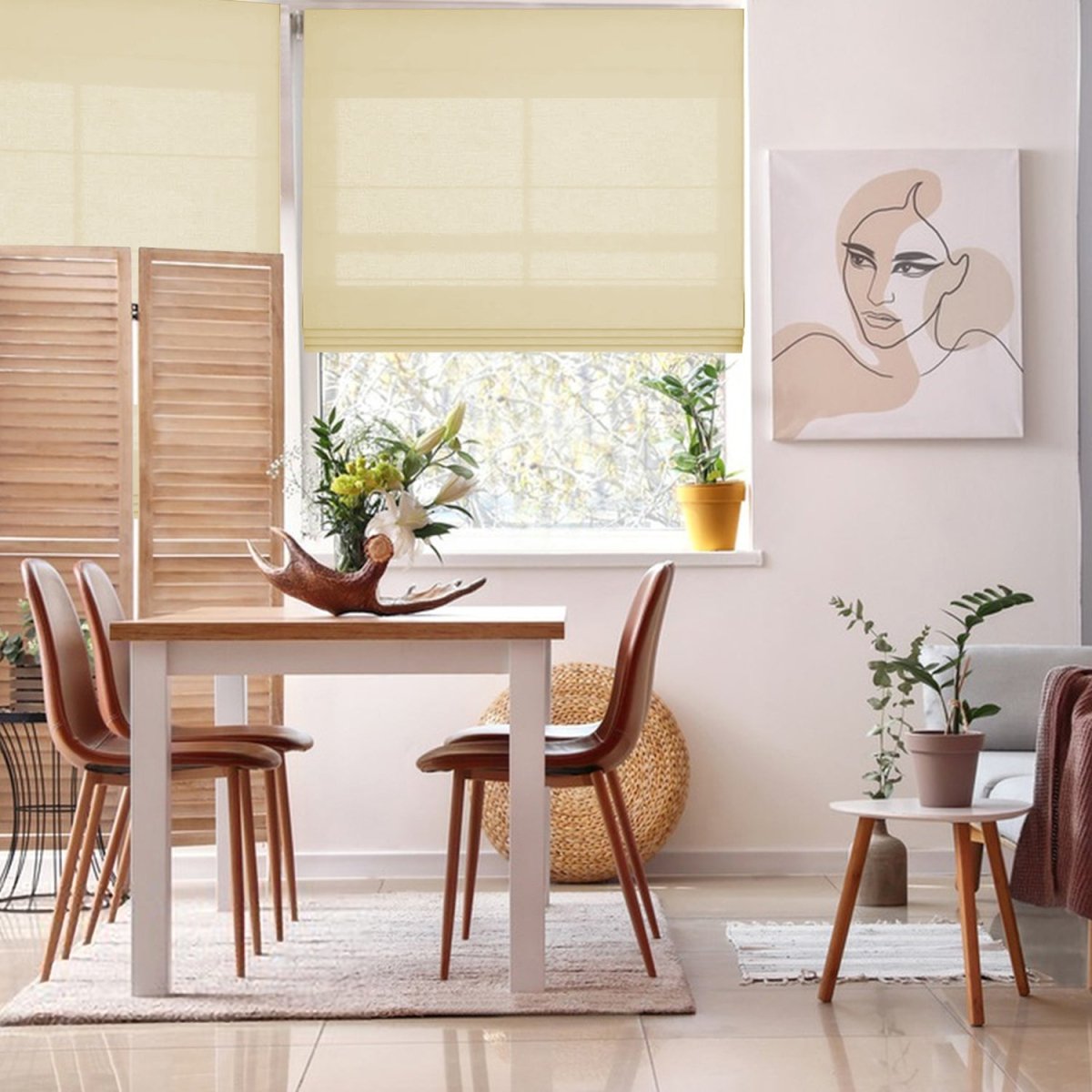 Joydeco custom light filtering yellow Roman shades with horizontal folds on a dining room window.