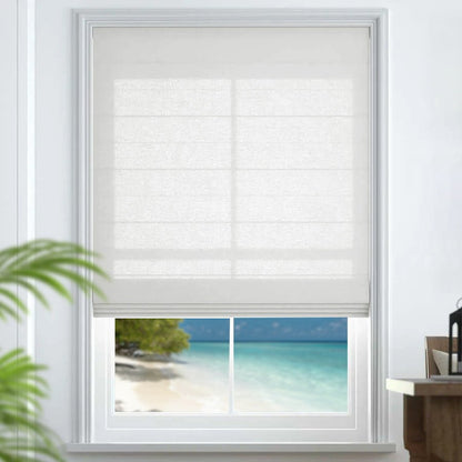 Joydeco white light filtering Roman shade with horizontal pleats on a window, showing a tropical beach scene.