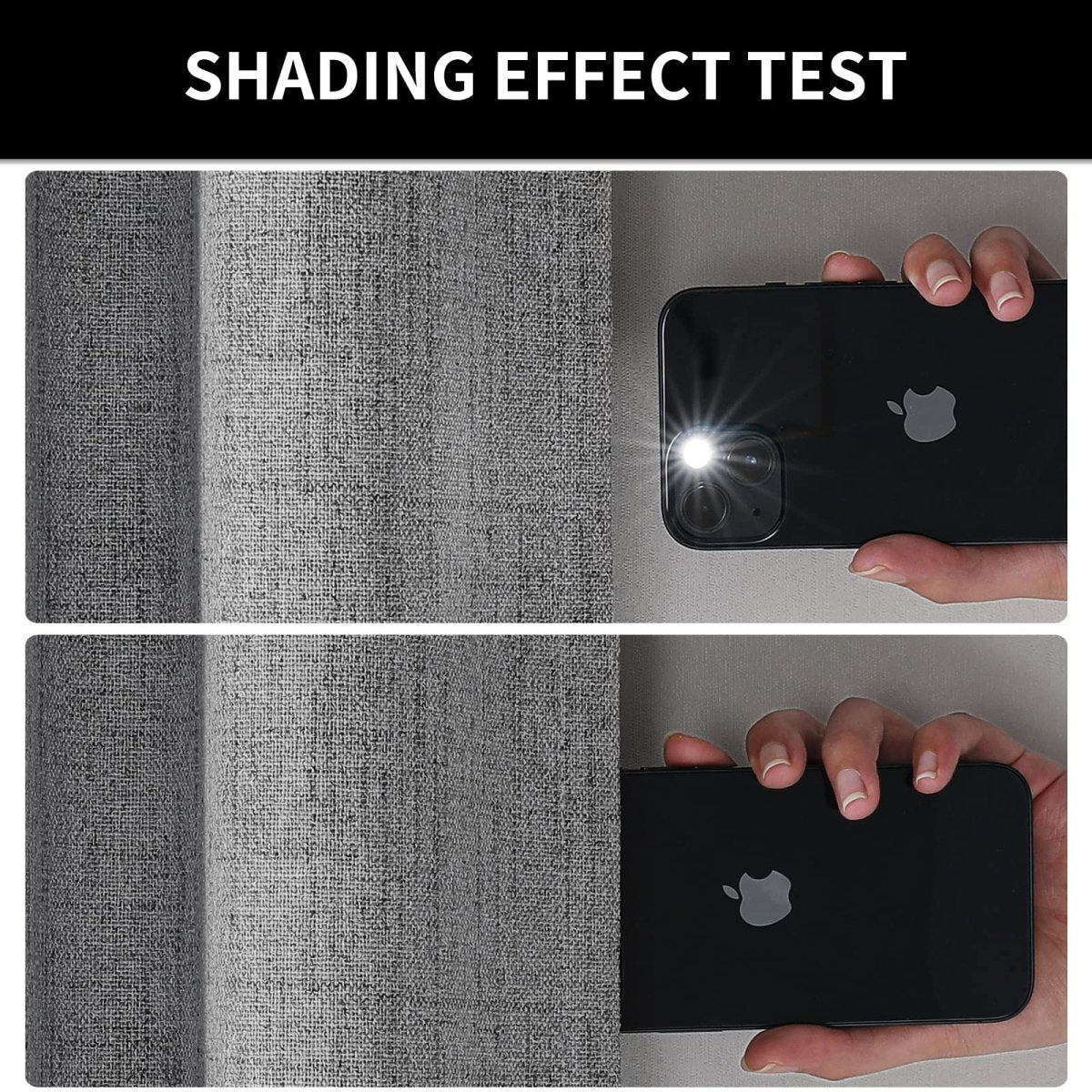 Grey linen blackout curtain shows 100% blackout effect by blocking phone flashlight.