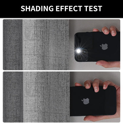 Grey linen blackout curtain shows 100% blackout effect by blocking phone flashlight.