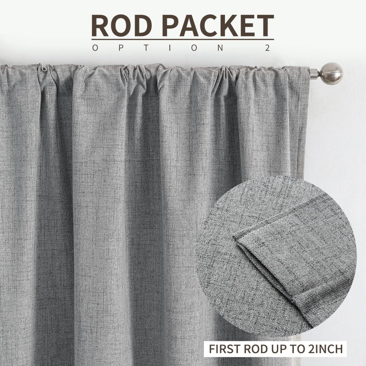 Grey textured linen blackout curtains with rod pocket style fitting rods up to 2 inches, illustrating hanging option.