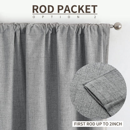 Grey textured linen blackout curtains with rod pocket style fitting rods up to 2 inches, illustrating hanging option.