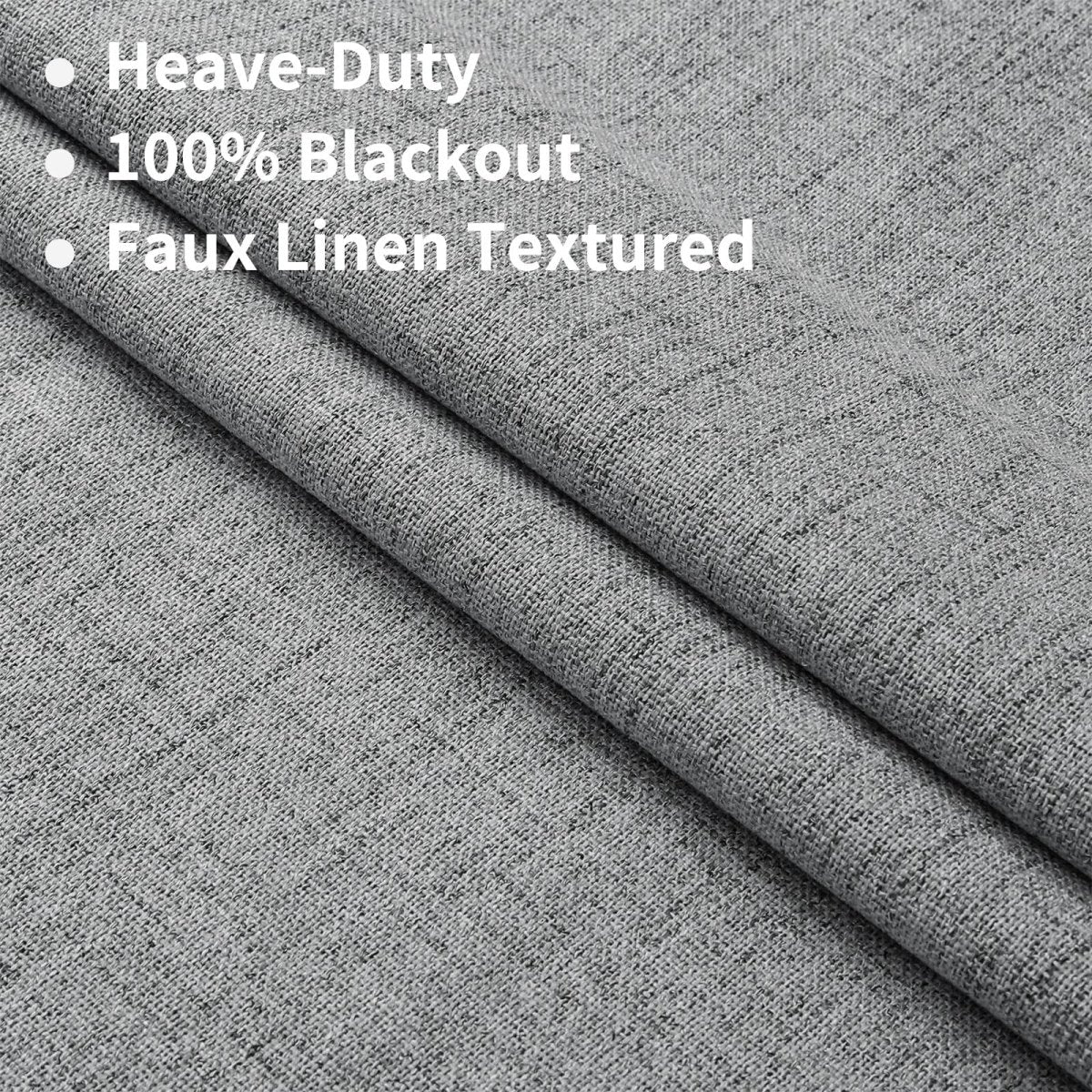 Joydeco custom grey linen blackout curtain fabric, textured weave, soft folds, 100% blackout.