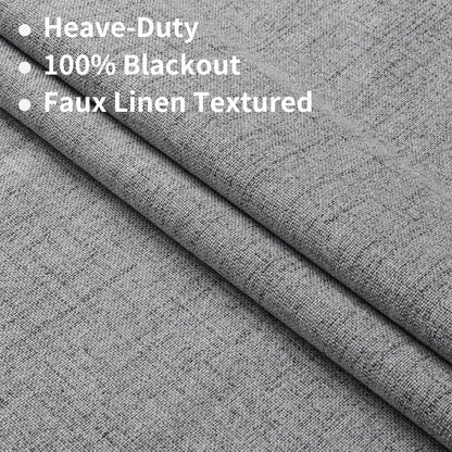 Joydeco custom grey linen blackout curtain fabric, textured weave, soft folds, 100% blackout.