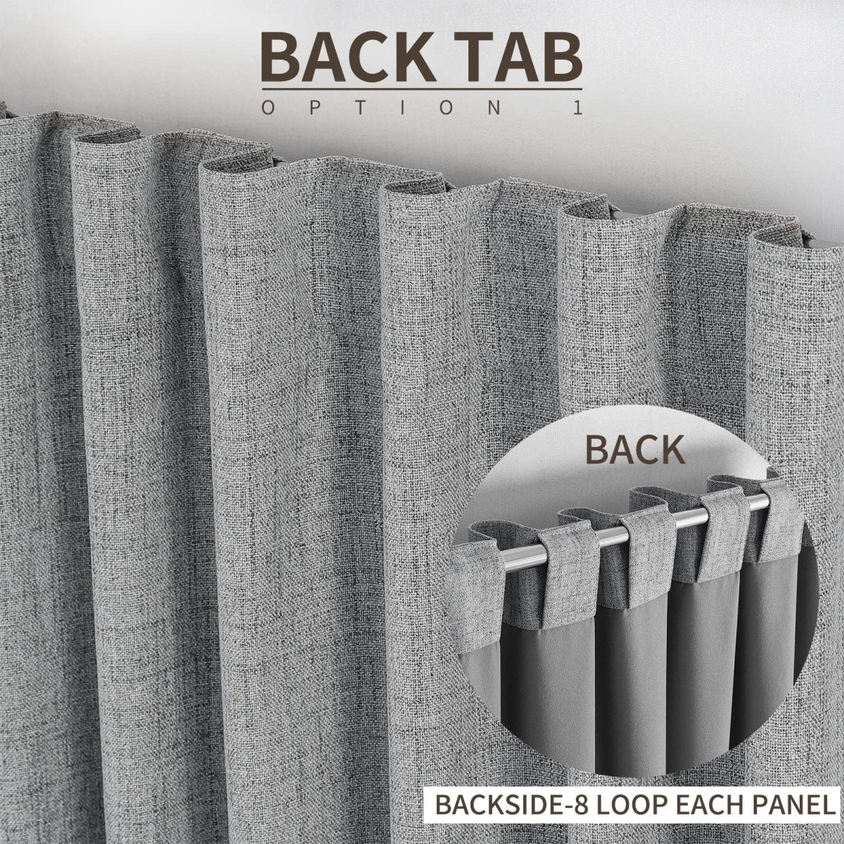 Grey linen blackout curtains showcasing back tab hanging option with 8 loops per panel.