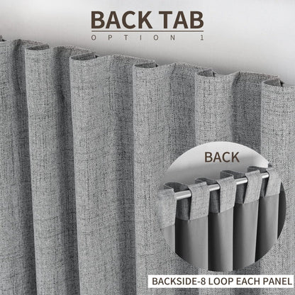 Grey linen blackout curtains showcasing back tab hanging option with 8 loops per panel.