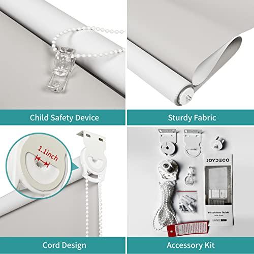 Joydeco white blackout roller shade: child safety device, sturdy fabric, 1.1" cord, and accessory kit.