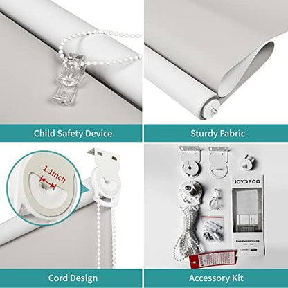 Joydeco white blackout roller shade: child safety device, sturdy fabric, 1.1" cord, and accessory kit.