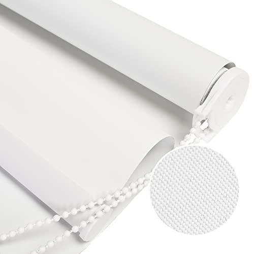 Close-up of white blackout roller shade fabric texture and beaded chain mechanism.
