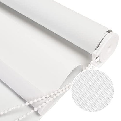 Close-up of white blackout roller shade fabric texture and beaded chain mechanism.