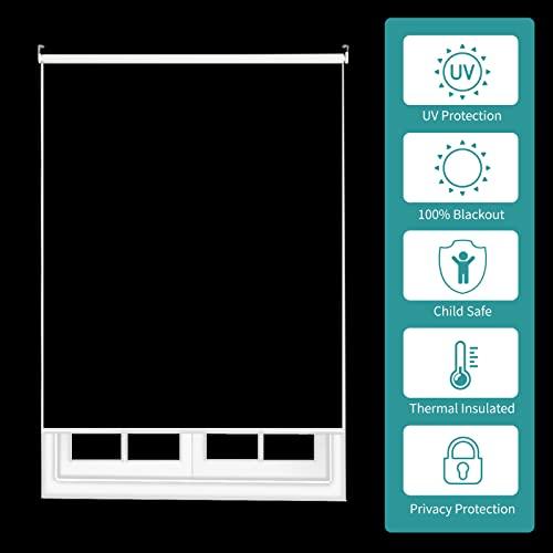 White blackout roller shade with icons: UV protection, 100% blackout, child safe, thermal, privacy.