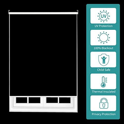 White blackout roller shade with icons: UV protection, 100% blackout, child safe, thermal, privacy.