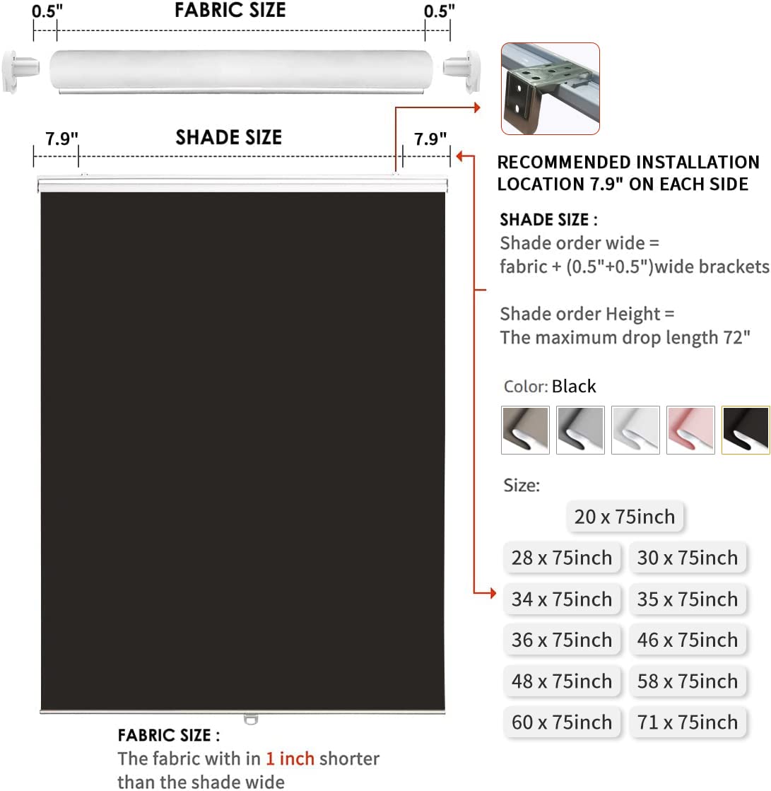 Joydeco blackout roller shade sizing diagram: fabric size vs shade size, installation measurements, available colors & sizes.