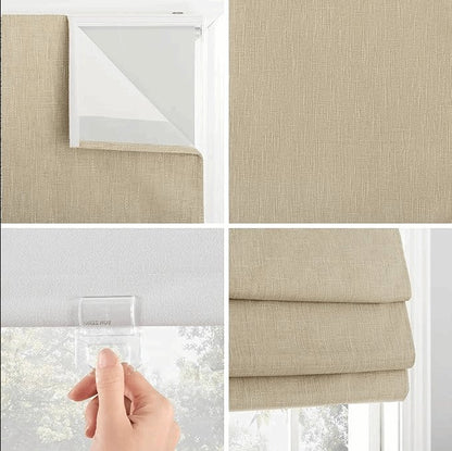 Joydeco beige textured blackout Roman shade with cordless motorization feature, displayed in a product feature collage.