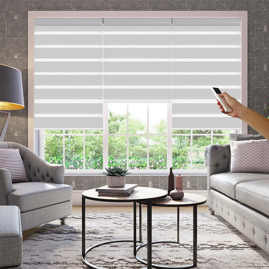 Custom motorized light filtering zebra dual shades with remote control in living room.