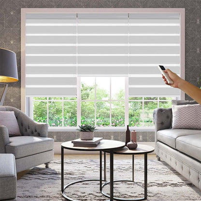 Custom motorized light filtering zebra dual shades with remote control in living room.