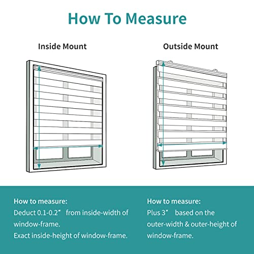 Diagrams for inside/outside mount dual shade measurement. Shows deductions/additions for width and height.