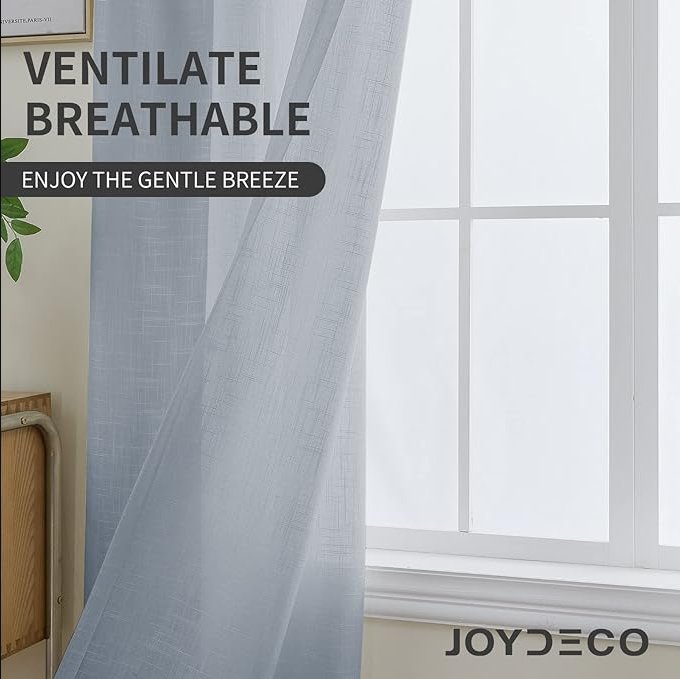 Joydeco light blue sheer curtain with linen texture, promoting ventilation and breathability.