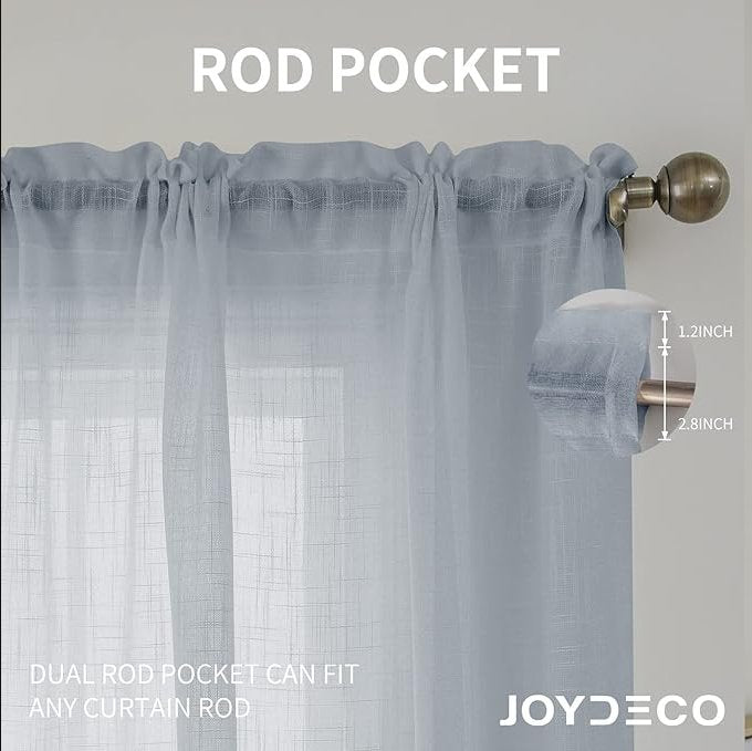 Joydeco light blue sheer curtain detail showing dual rod pocket design and dimensions for any curtain rod.