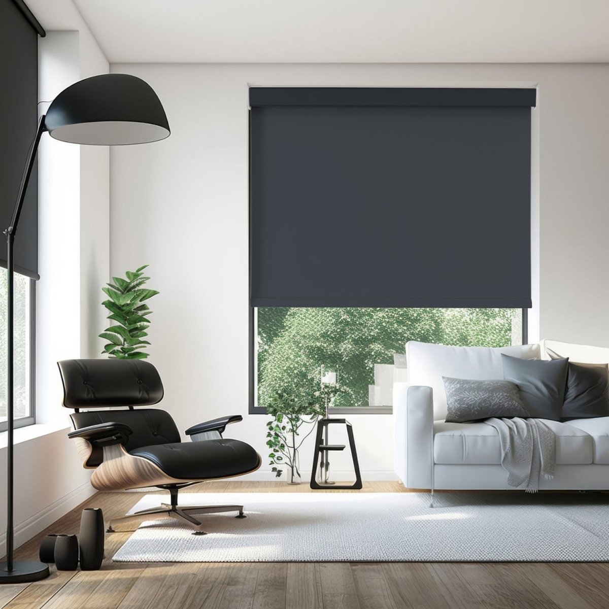 Joydeco dark gray cordless blackout roller shade on window in modern living room, blocking light and enhancing privacy.