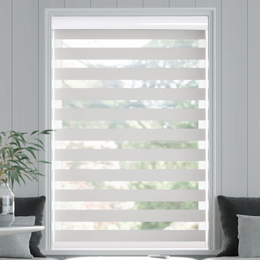 Joydeco white cordless dual shade with alternating sheer and opaque bands on window. Modern light filtering zebra blind.