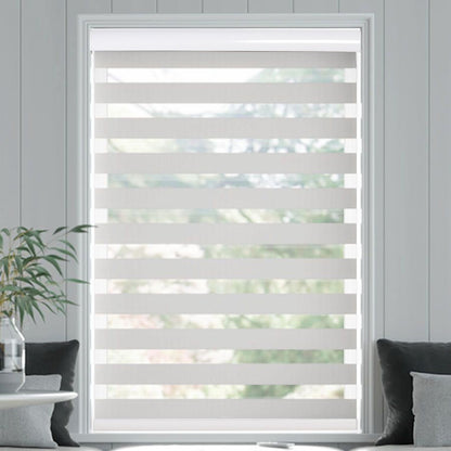 Joydeco white cordless dual shade with alternating sheer and opaque bands on window. Modern light filtering zebra blind.