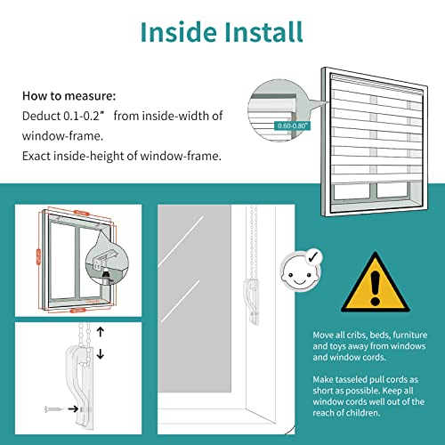 Joydeco cordless dual shades: inside mount measurement diagram with installation hardware for child-safe window treatments.