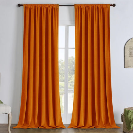 Joydeco custom orange velvet blackout curtains, plush texture, rod pocket, privacy, room setting.