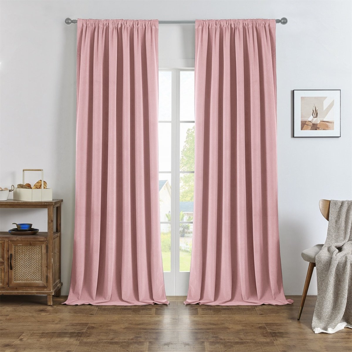 Two pink Joydeco custom blackout linen curtains fully covering a window, offering a natural and elegant look.