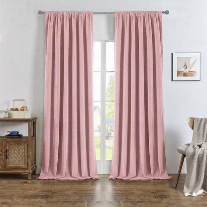 Two pink Joydeco custom blackout linen curtains fully covering a window, offering a natural and elegant look.