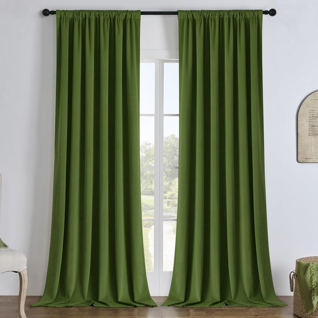 Forest Green Joydeco Velvet Blackout Curtains - plush, soft texture, energy-efficient, noise-reducing.