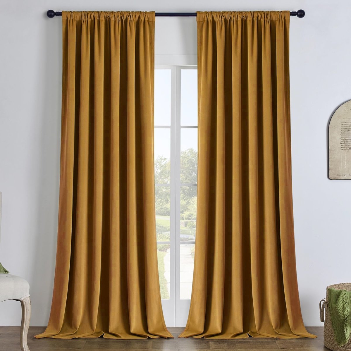 Golden brown Joydeco velvet curtains with rod pocket header, fully drawn across a window, showcasing texture and drape.