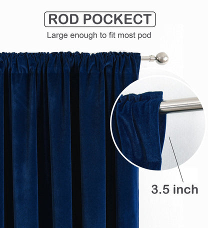 Deep navy velvet curtain with 3.5 inch rod pocket for easy installation.