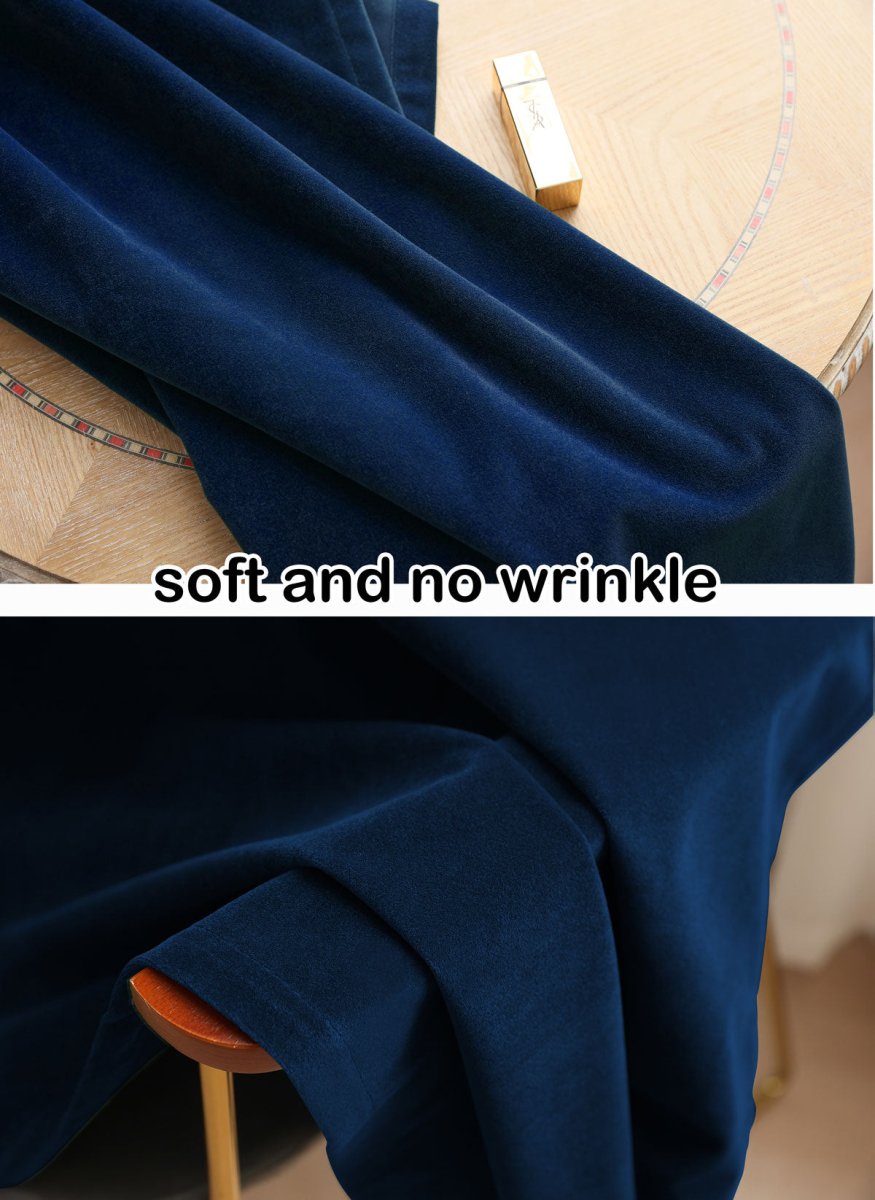 Deep navy custom linen blackout curtain fabric showcasing soft texture and wrinkle-free drape.