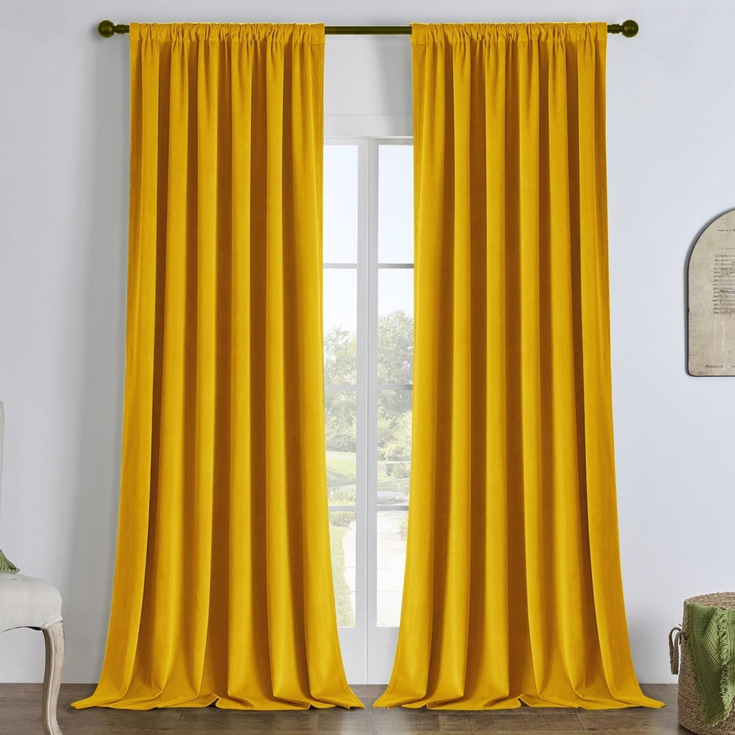 Golden yellow linen blackout curtains from Joydeco, custom fit for windows.