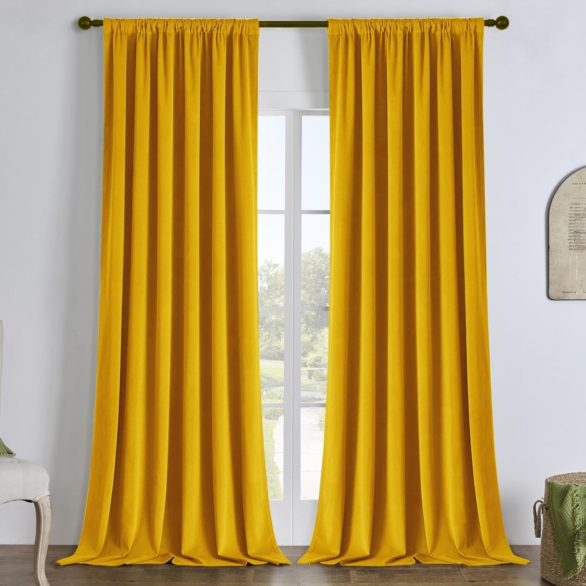 Golden yellow linen blackout curtains from Joydeco, custom fit for windows.