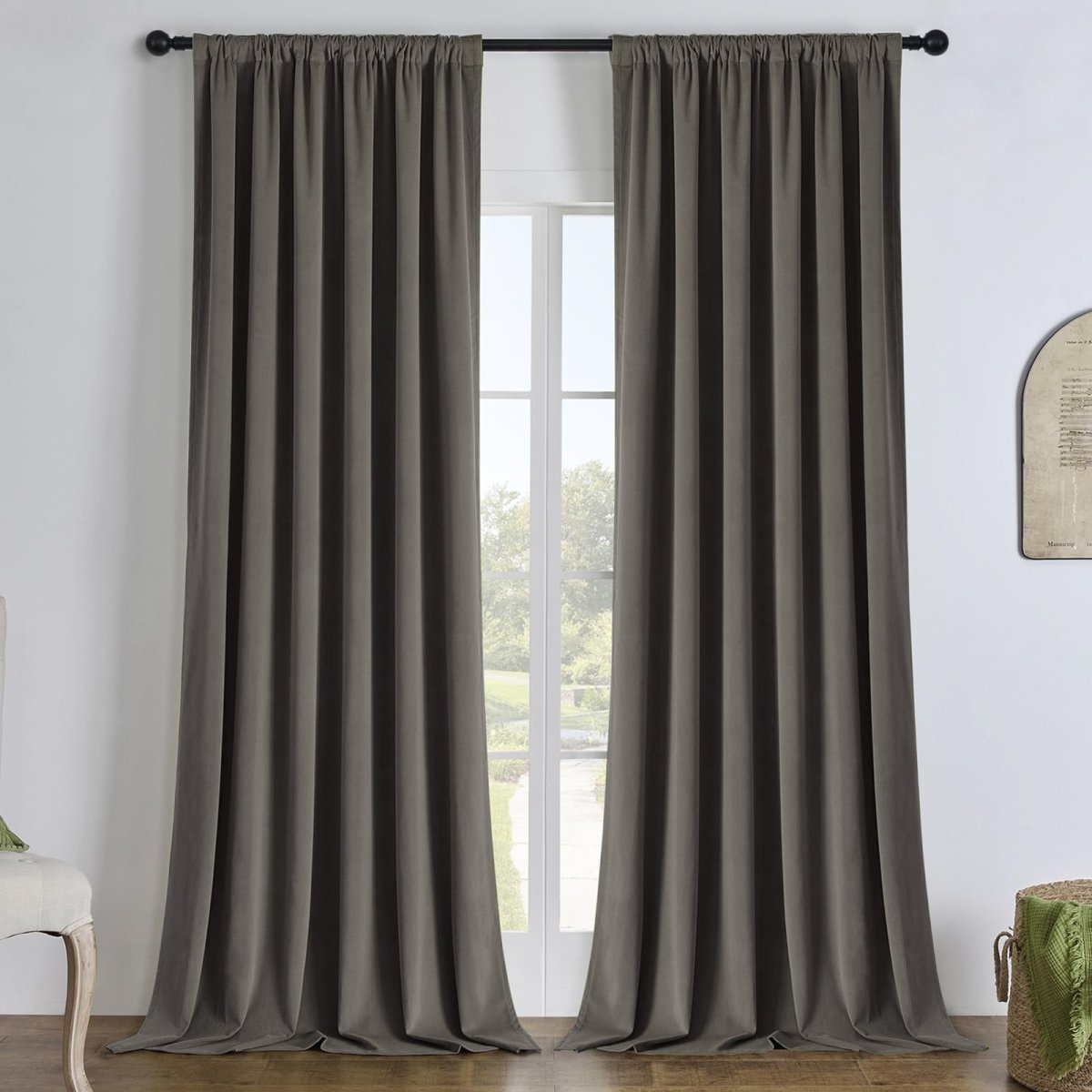 Dark grey custom linen blackout curtains, floor-length, blocking light and providing privacy.