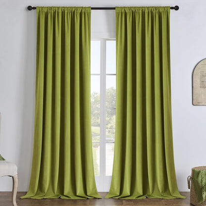 Olive green velvet curtains with plush texture and even folds, fully drawn across a window.