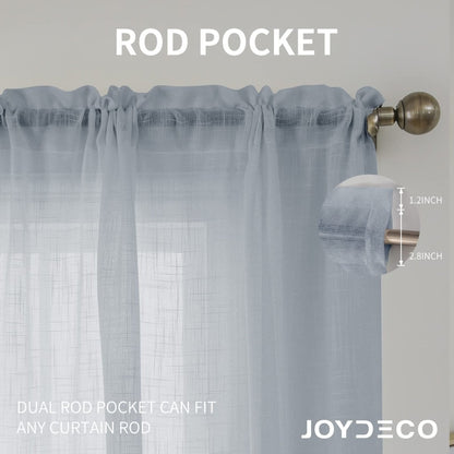 Joydeco grey faux linen sheer curtain with dual rod pocket detail, showing compatibility with 1.2" and 2.8" rods.