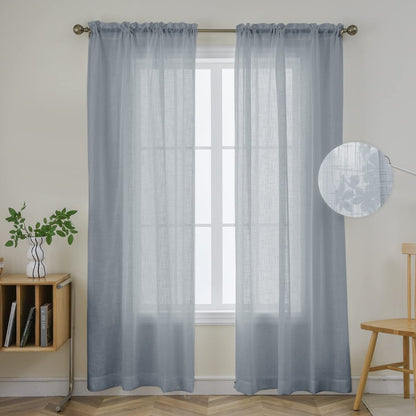 Joydeco grey faux linen sheer curtains with floral embroidery detail, draped on a window.