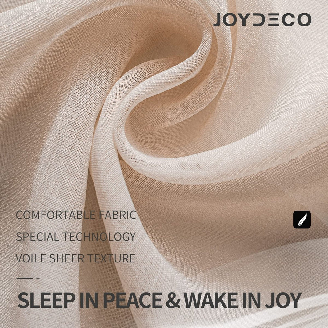 Beige JOYDECO linen sheer fabric close-up, showing comfortable voile texture for a bright room.