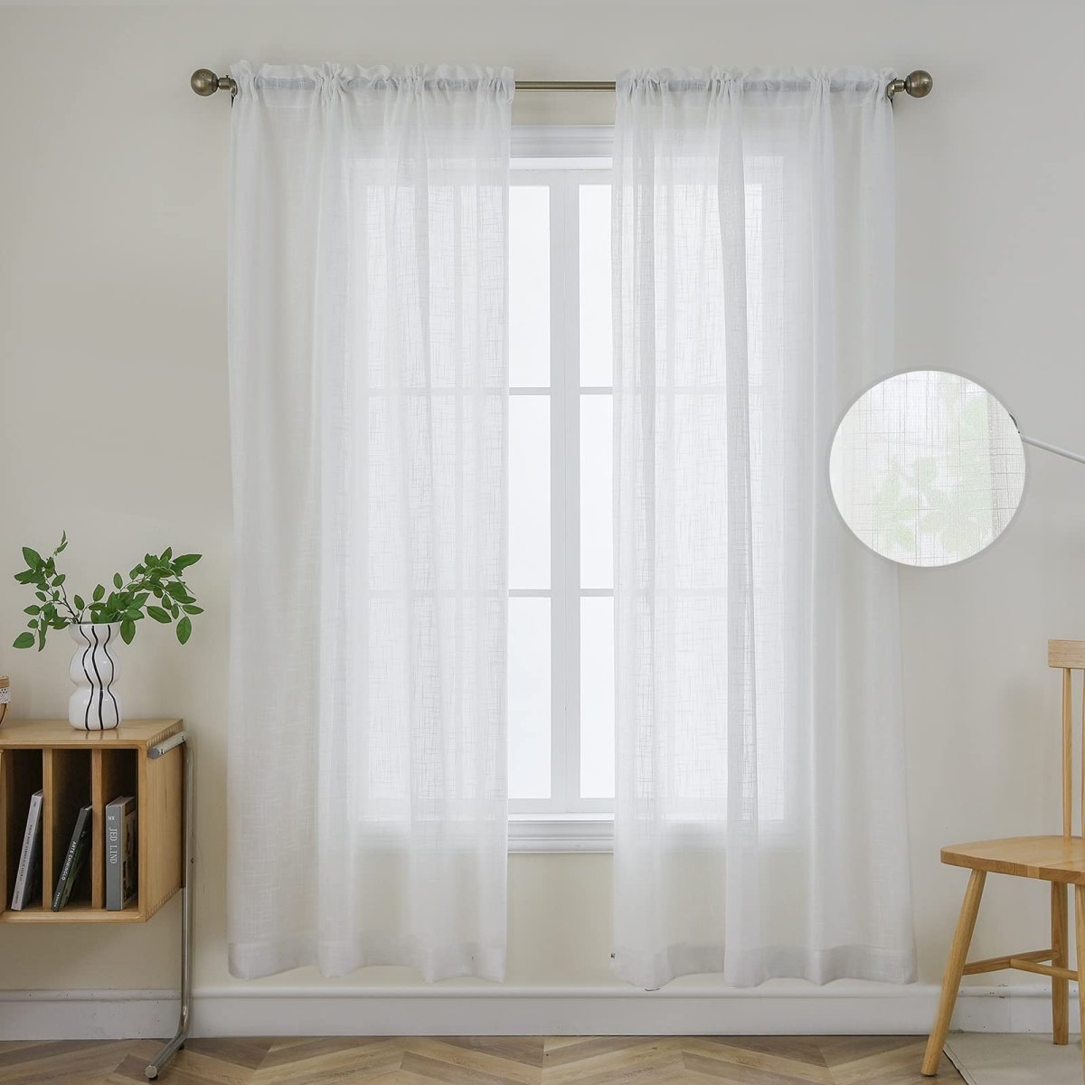 Joydeco white sheer faux linen curtains with rod pocket, diamond embroidery texture detail.