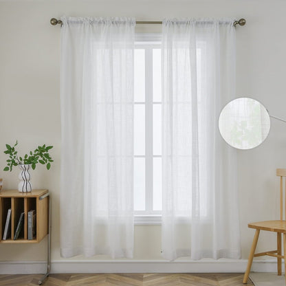 Joydeco white sheer faux linen curtains with rod pocket, diamond embroidery texture detail.