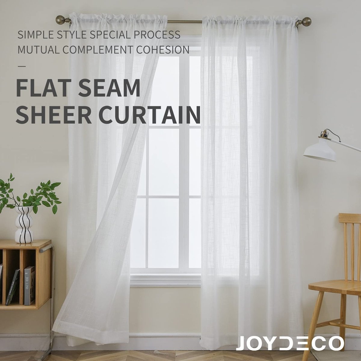Joydeco white sheer faux linen curtains with subtle weave texture and dual rod pocket, enhancing room light and privacy.