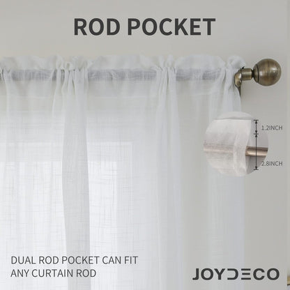 Joydeco white sheer curtains close-up showing dual rod pocket feature with 1.2" and 2.8" dimensions for universal fit.