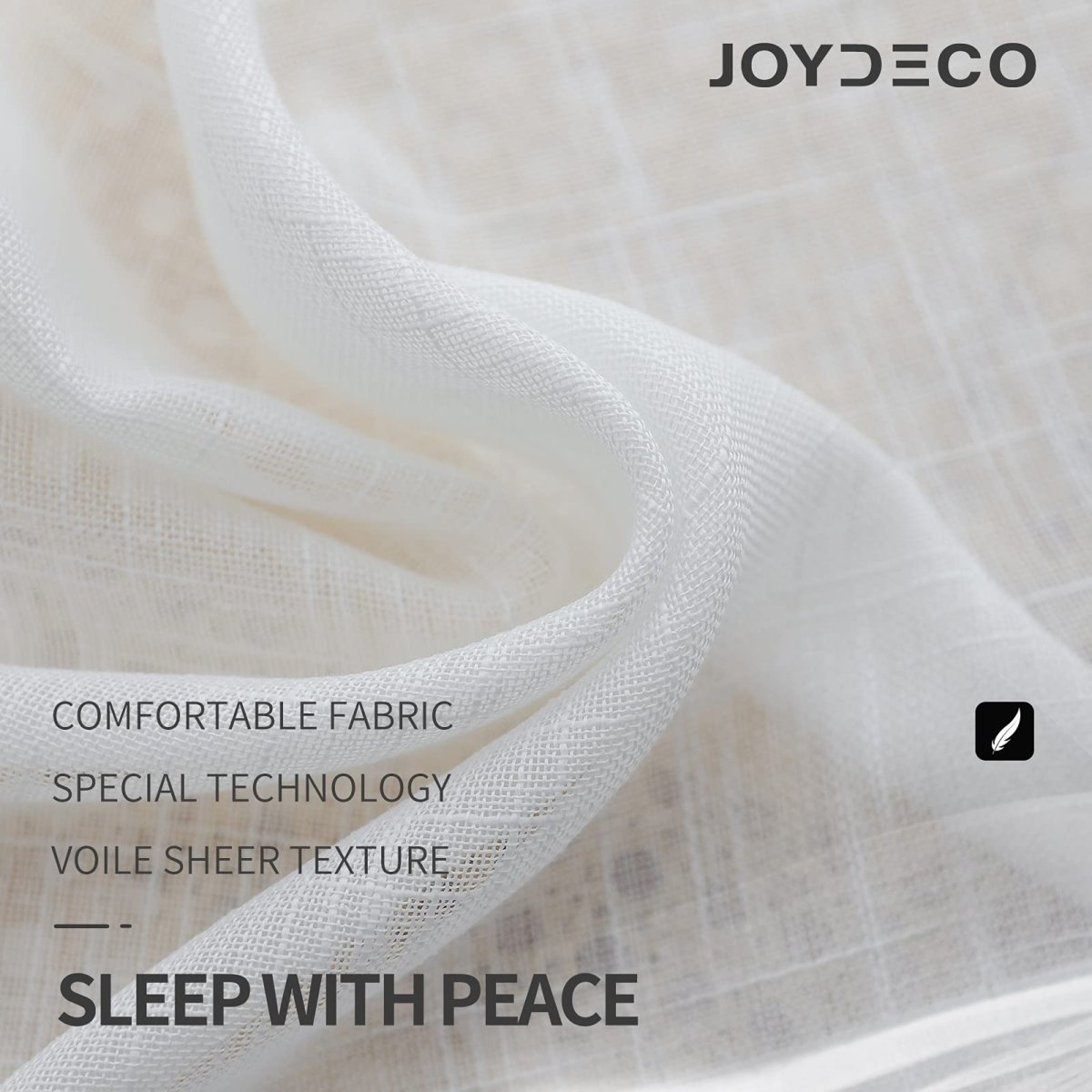Joydeco white sheer curtains close-up: faux linen texture, subtle diamond embroidery. Comfortable voile fabric.