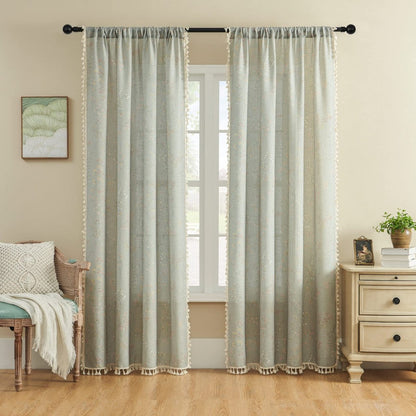 Joydeco light blue floral linen sheer curtains with tassel trim and embroidery, rod pocket design.