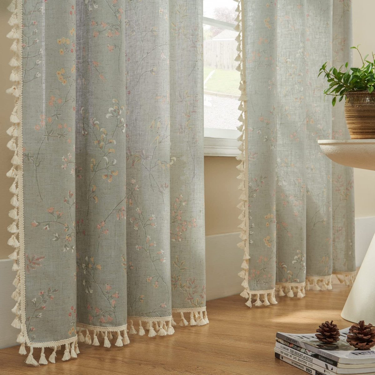 Joydeco Floral Patterned Beige Linen Sheer Curtains with Tassel Trim and Embroidery - 2 Panels - Joydeco