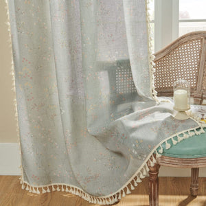 Joydeco Floral Patterned Beige Linen Sheer Curtains with Tassel Trim and Embroidery - 2 Panels - Joydeco